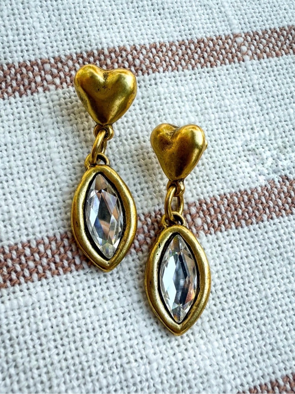 12k Antiqued Gold Heart Navette Crystal Drop Earrings New